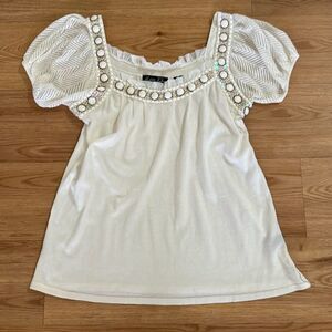 Michelle Taylor Womens Cream Gem Stone Embellished Knit Blouse Large Neutral